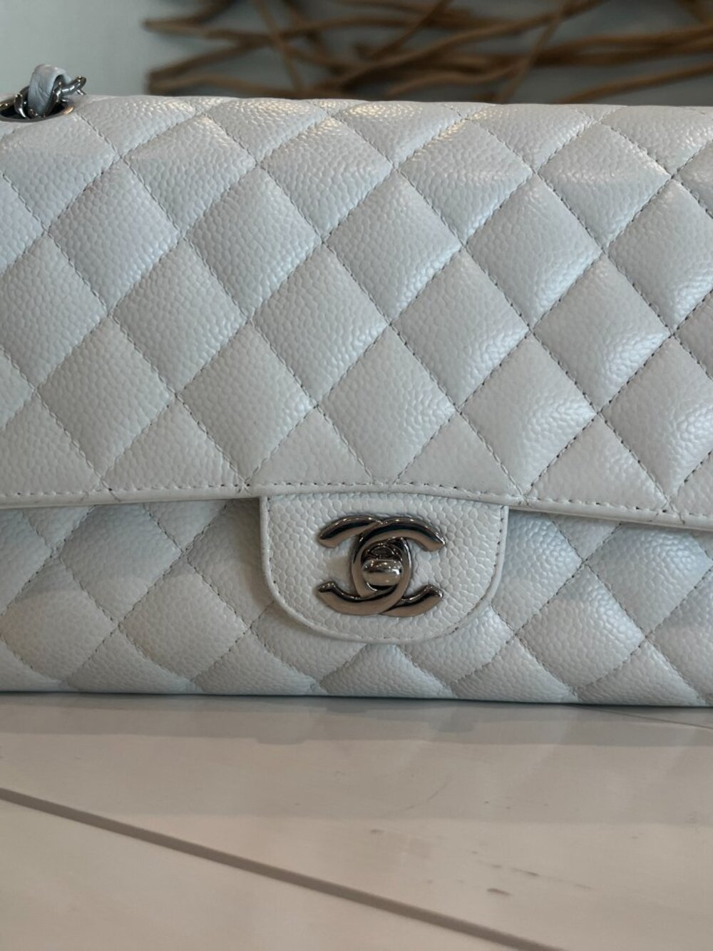 CHANEL White Caviar Medium Double Flap Shoulder Bag with Silver Hardware - Picture 12 of 12
